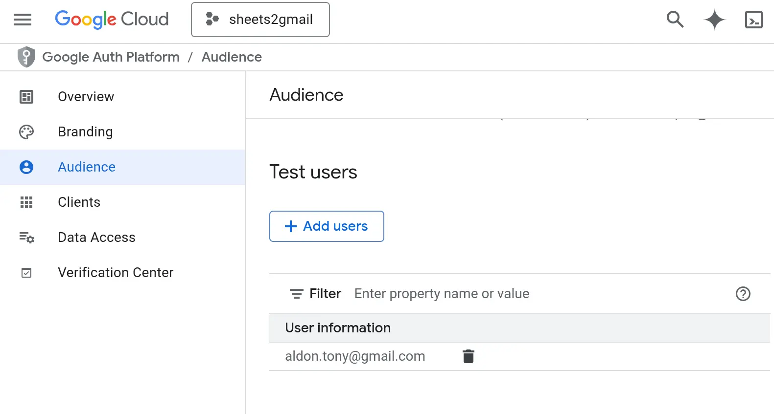 Adding test users to Google Auth for sheets2gmail automation project