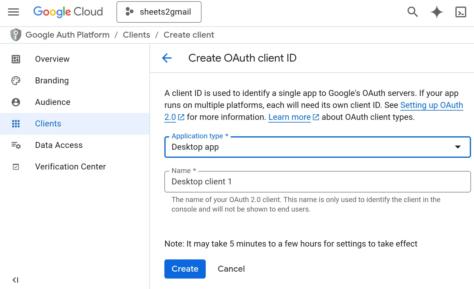 Creating Google OAuth client ID for secure workflow automation in sheets2gmail