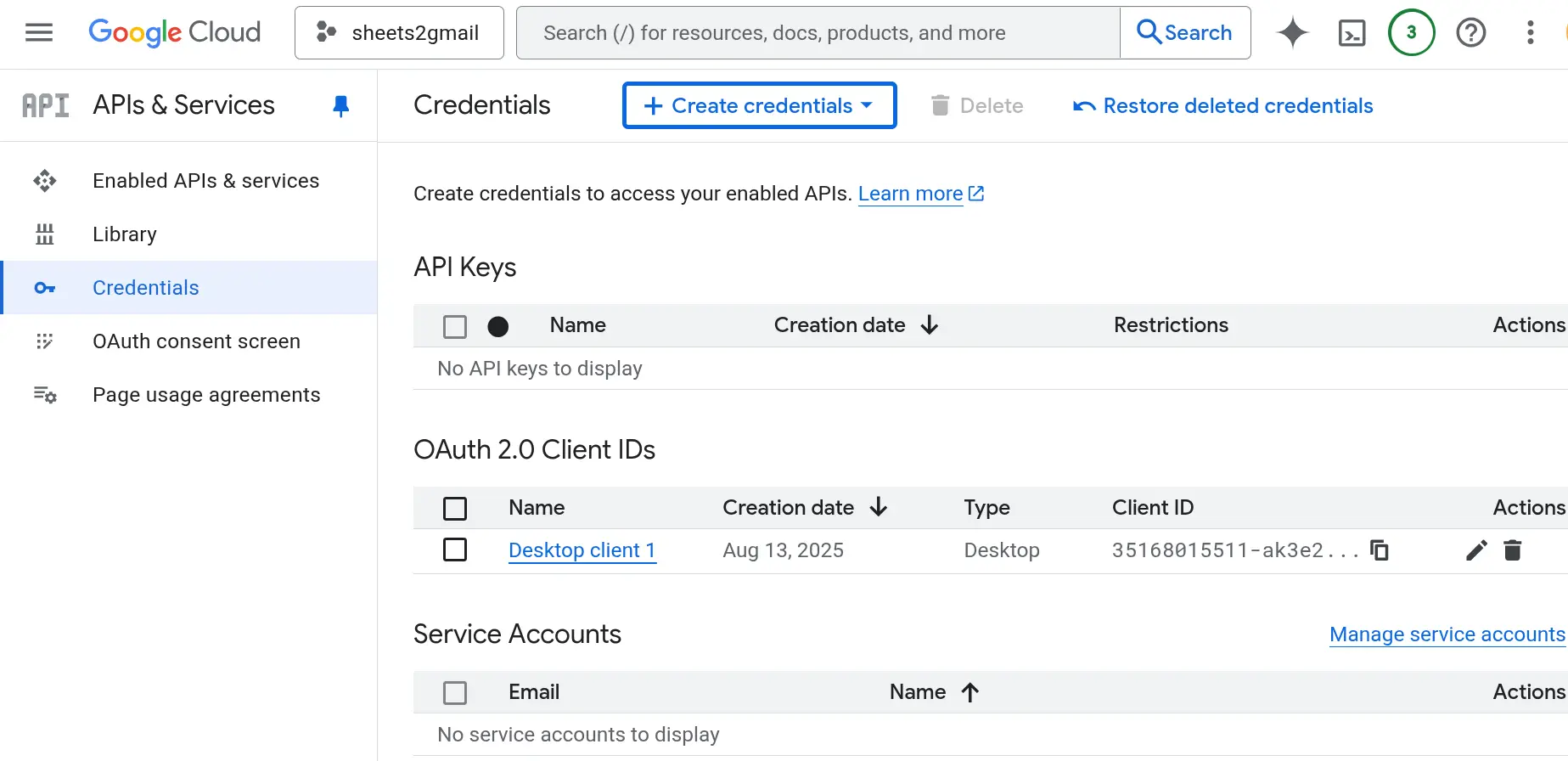 Viewing API credentials for Google Sheets to Gmail automation project