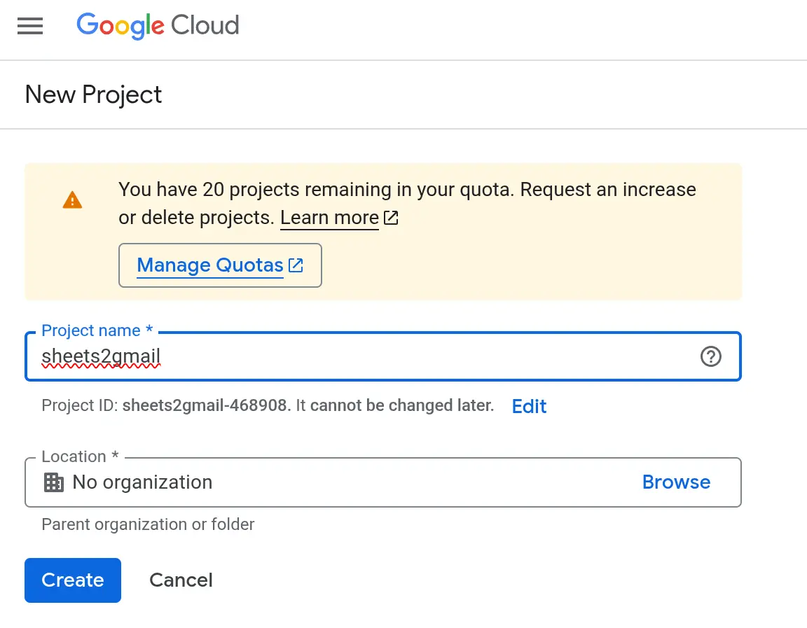 Google Cloud Console: creating a new project for Google Sheets to Gmail automation