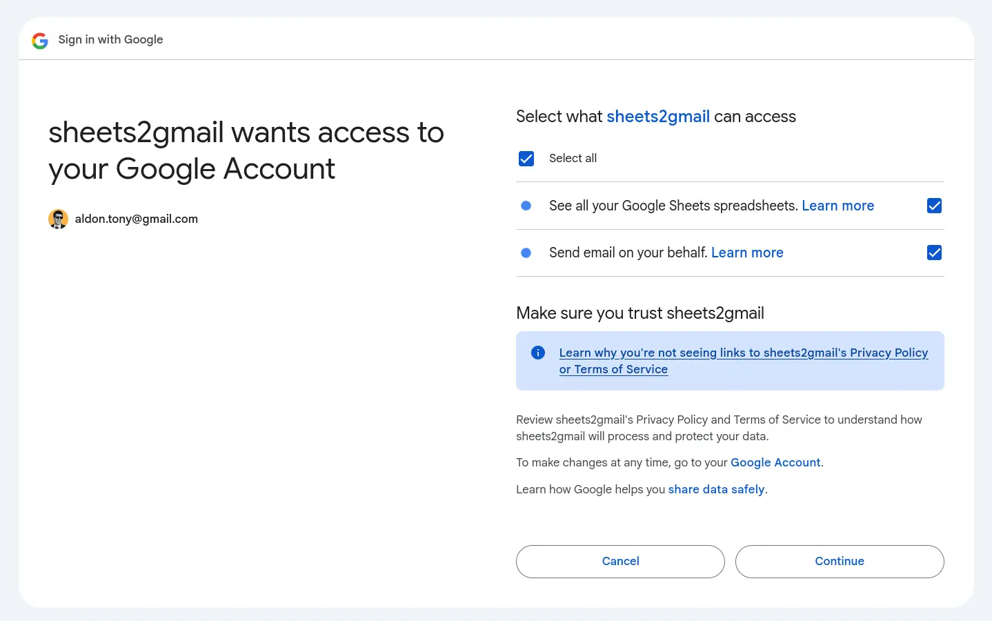 Google sign-in permissions request from sheets2gmail automation app